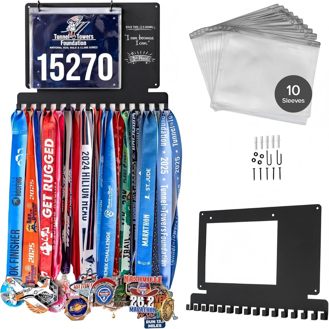 Race Bib - ランニングメダルハンガーディスプレイ、プレミアム厚手メダルホルダー（個別フック付き）、書き込み可能なボード＆ビブスリーブ、壁掛け式