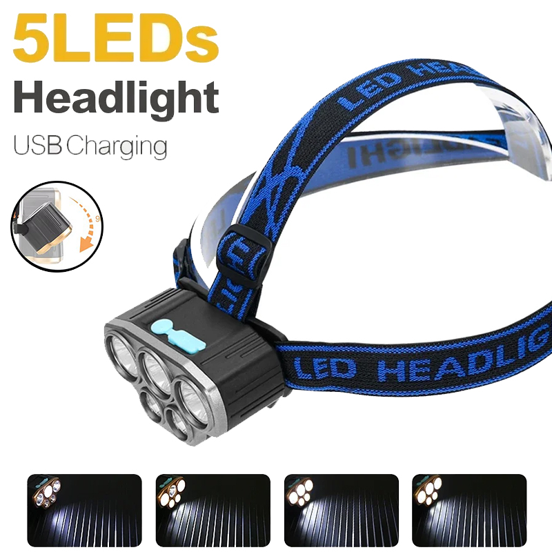 充電式 5 LED ヘッドライト超高輝度強力防水ヘッド懐中電 - Running Headlamp のレビューと価格
