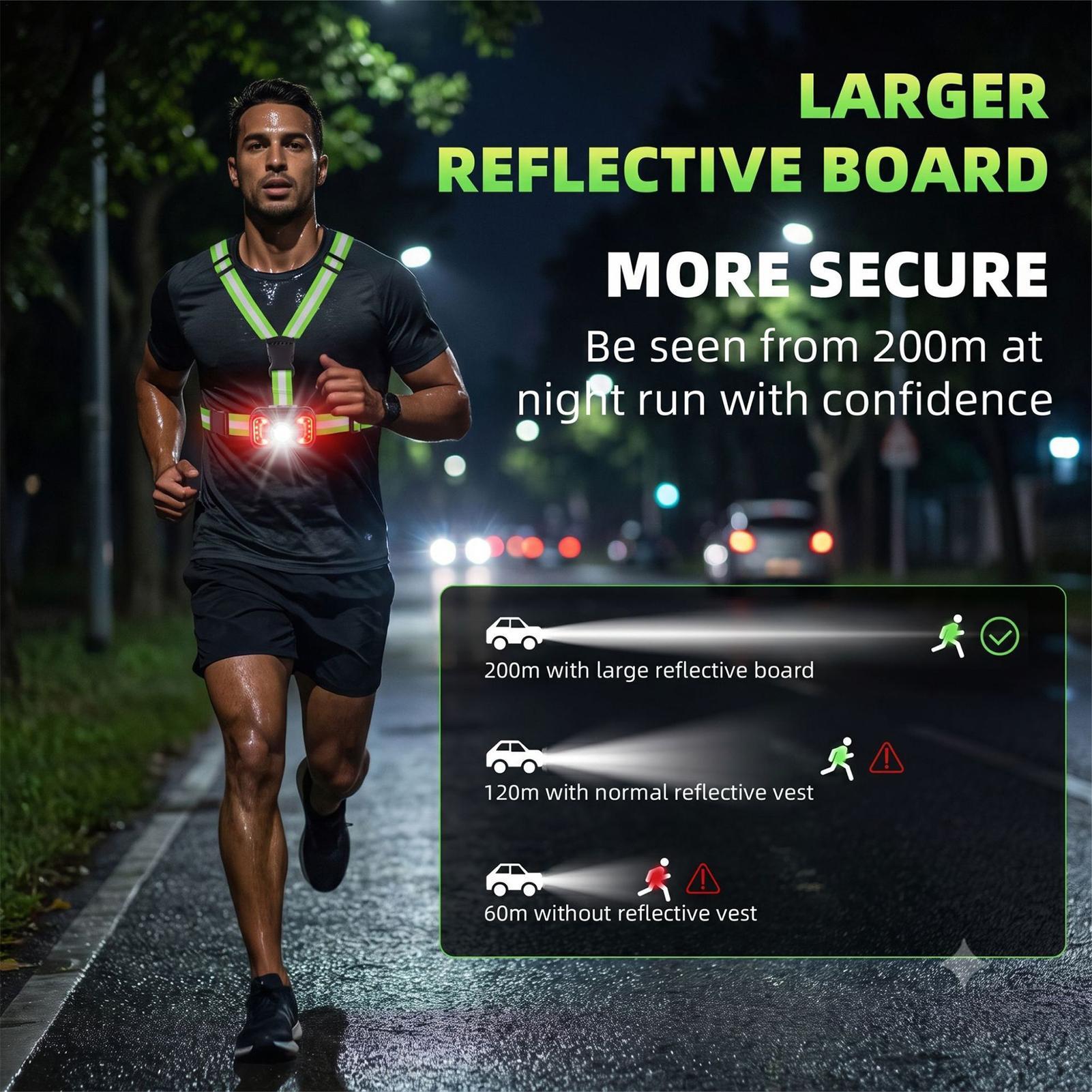 反射素材を使用したランニングベスト。LEDライト付きで視認性 - Running Visibility Gear のレビューと価格